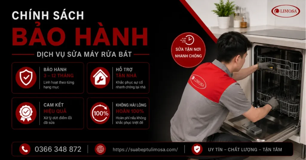Chính sách bảo hành dịch vụ sửa máy rửa bát tại Trung tâm Sửa Bếp Từ Limosa